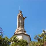 A statue of the Virgin Mary poking up through some trees