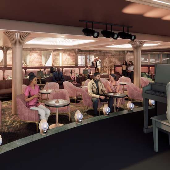 A rendering of a lounge space with a piano player on stage, with pink chairs and bright décor 
