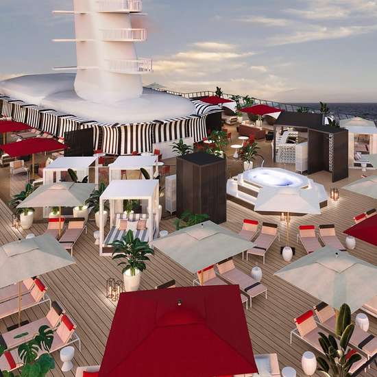 A rendering of a sun deck, with sun loungers, private cabanas, a whirlpool, and more