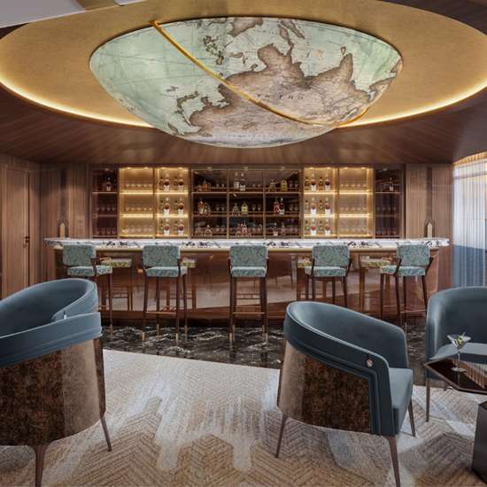 The interior of a stylish nautical-themed bar with half a globe in the ceiling