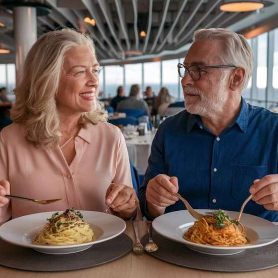 Two old people enjoying plates of noodles