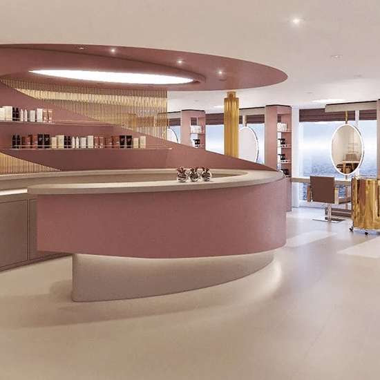 A rounded beauty salon counter