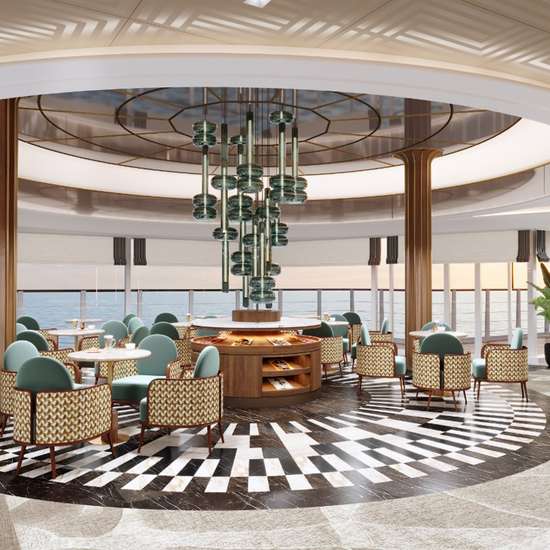 A selection of tables and chairs in a circular space on a cruise ship