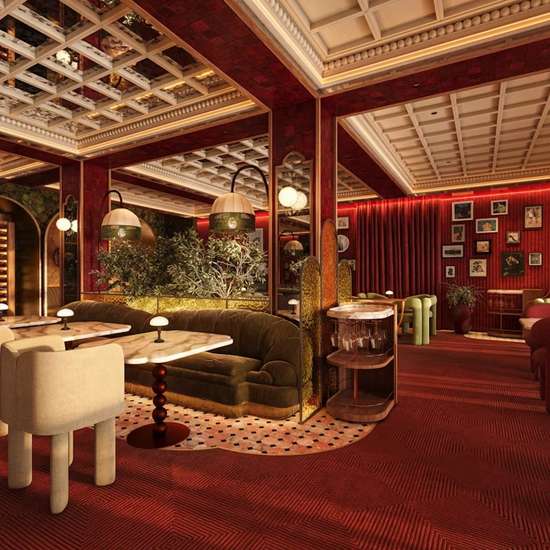 A restaurant interior with red carpets and elegant interior designs