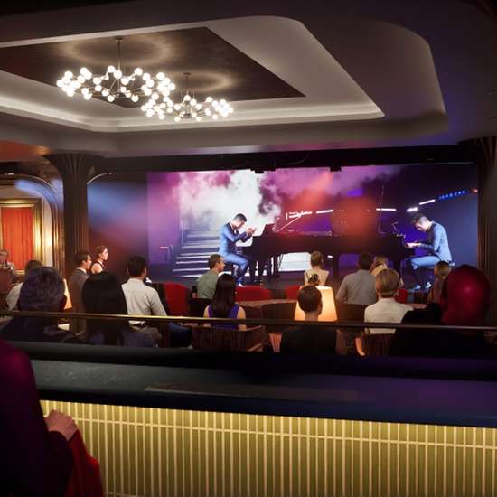 A rendering of a woman watching dueling pianos from a bar in an intimate lounge space