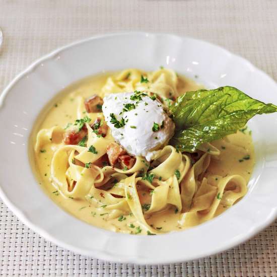 A pasta dish in a fine dining restaurant