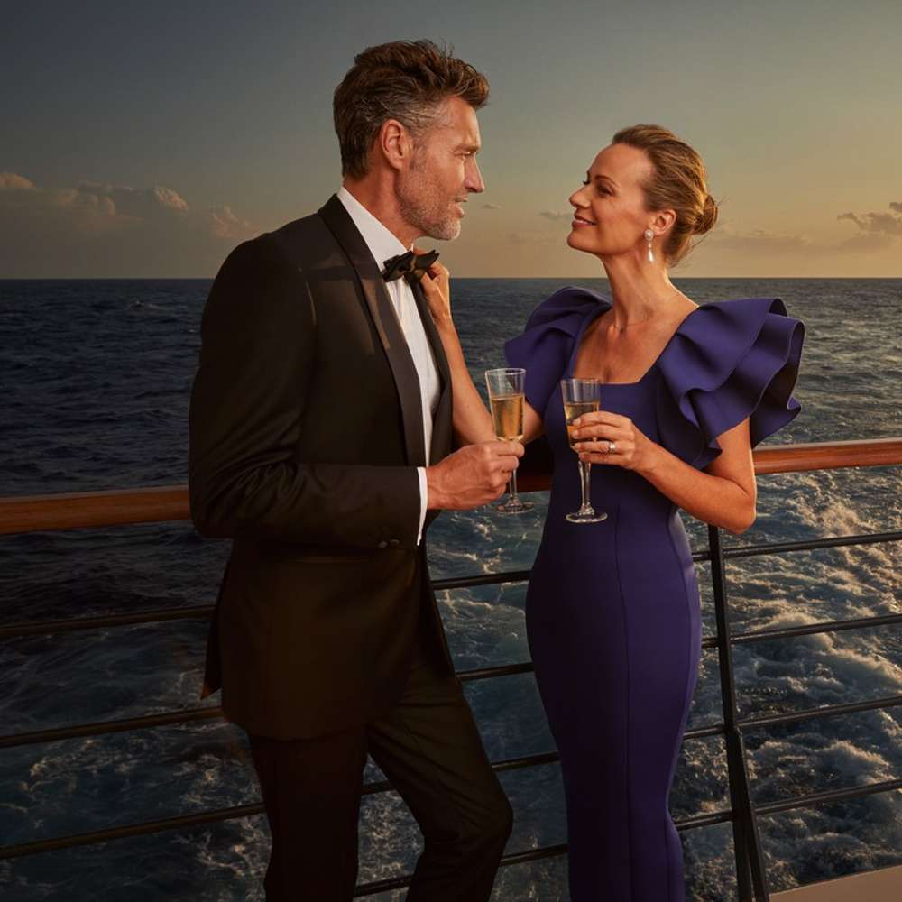A couple on deck as the sun sets