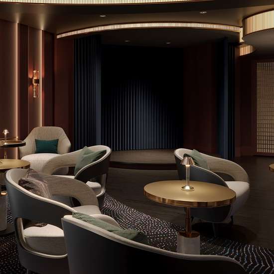 A small stage in a low-light lounge space