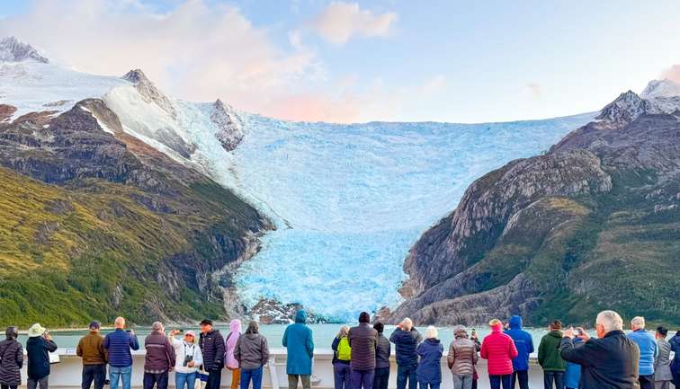 Overlooking a glacier on the top deck