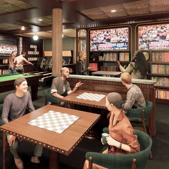 A rendering of people playing games in a charming bar space